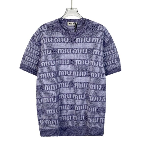Miu Miu Purple Logo Knit Short Sleeve Sweater Italy Womens Size 36 - Picture 1 of 8